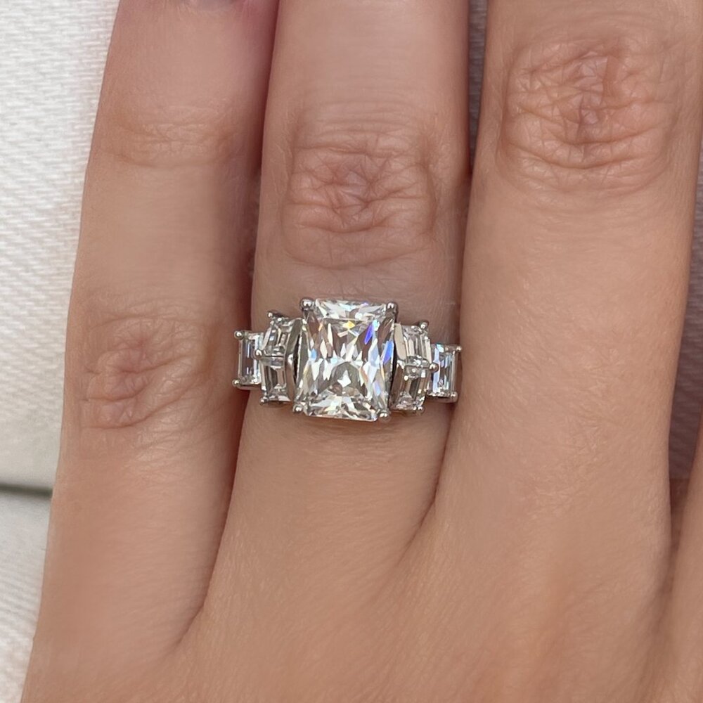 Vintage 925 Sterling Silver Large Emerald Cut CZ Art Deco Engagement Ring